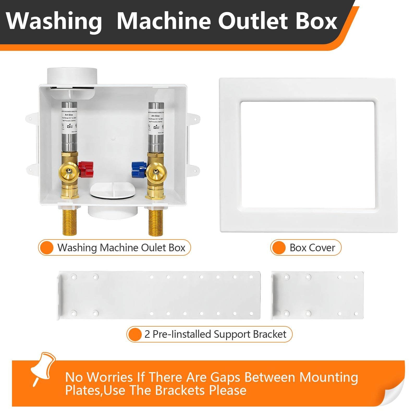 1/2" Sweat Inlet, Washing Machine Outlet Box, with Stainless Steel Water Hammer Arrestor