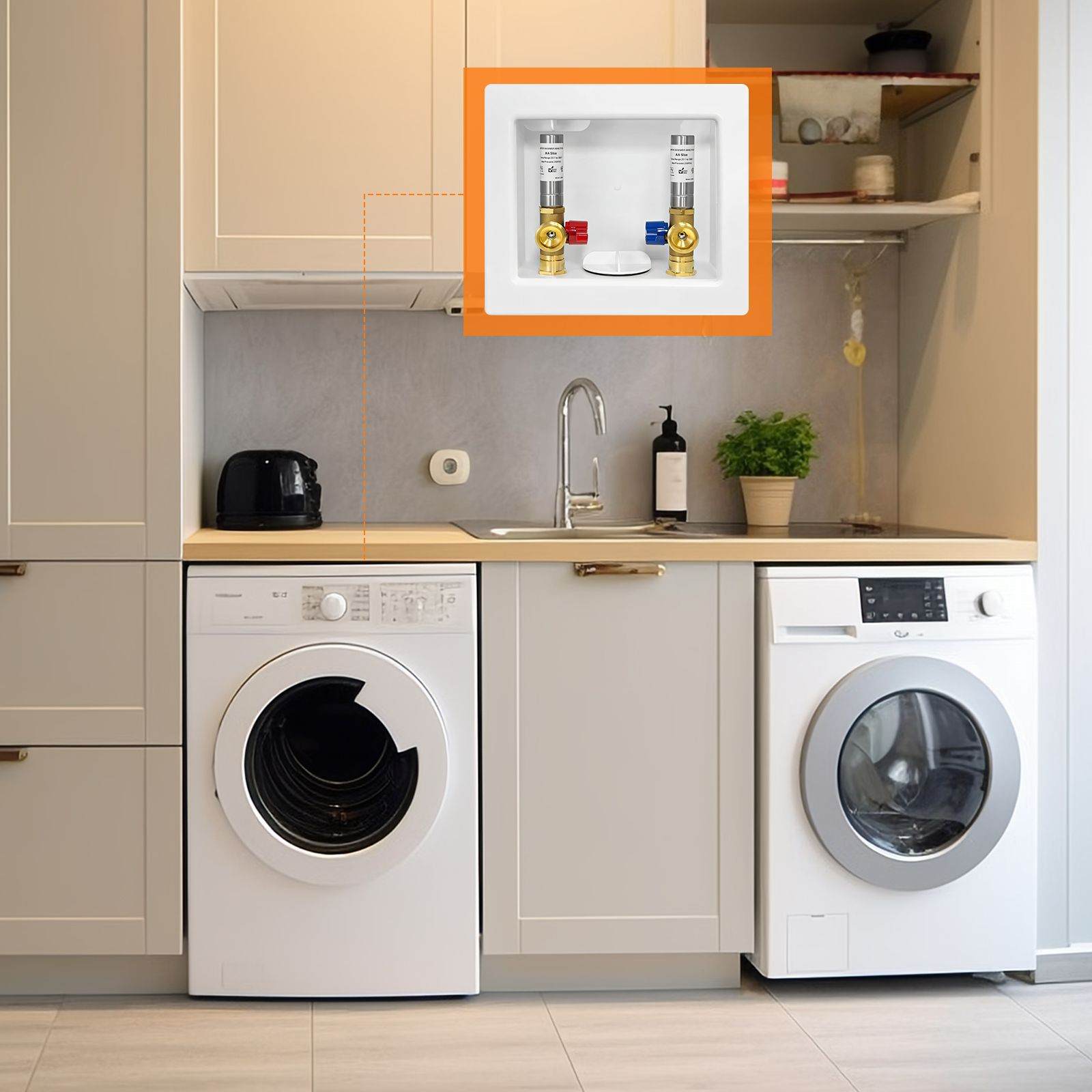 1/2" Sweat Inlet, Washing Machine Outlet Box, with Stainless Steel Water Hammer Arrestor