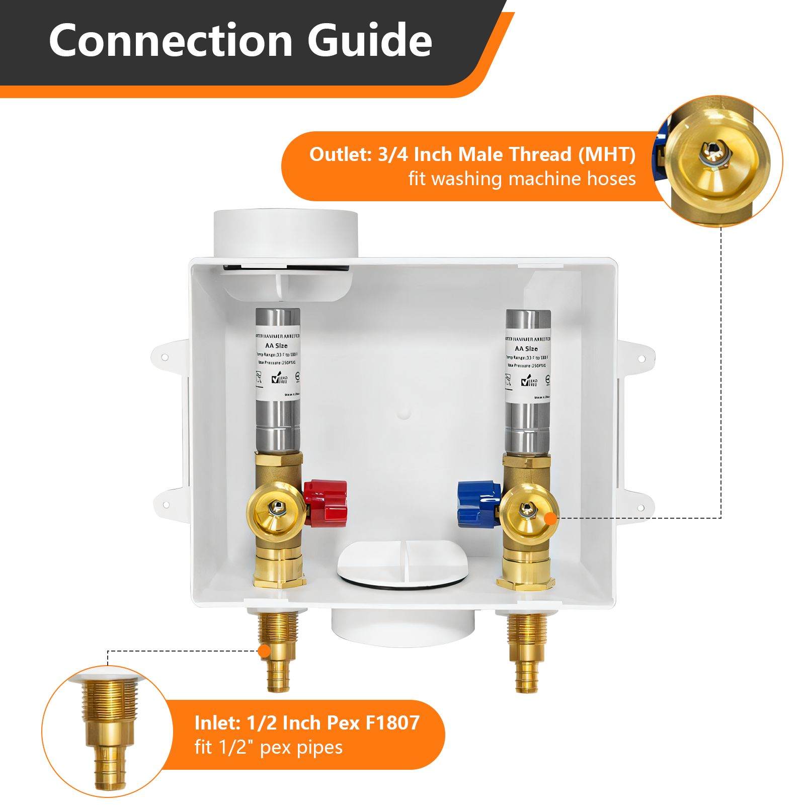 1/2" PEX Crimp (F1807) Inlet, Washing Machine Outlet Box, with Stainless Steel Water Hammer Arrestor