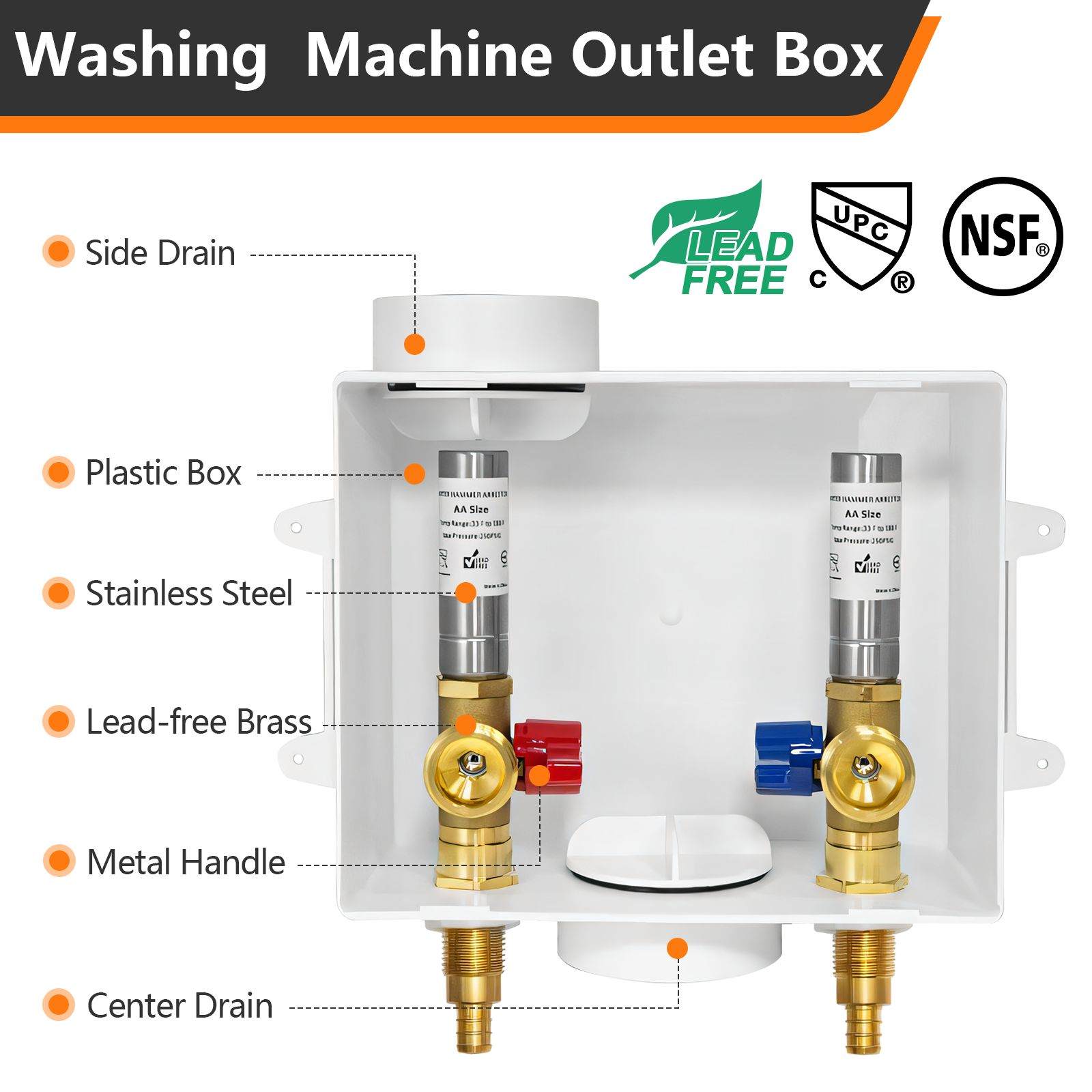 1/2" PEX Crimp (F1807) Inlet, Washing Machine Outlet Box, with Stainless Steel Water Hammer Arrestor