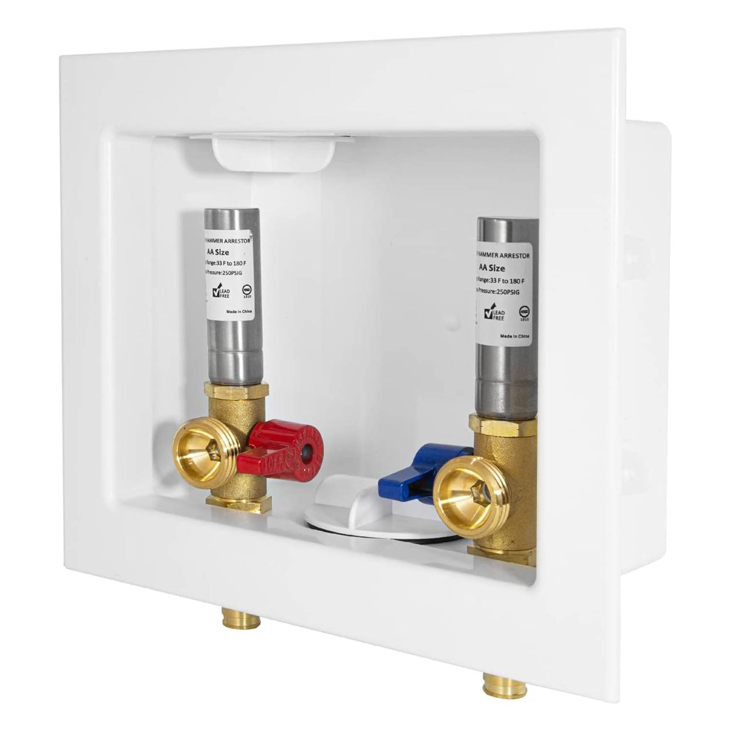 1/2" PEX Expansion (F1960) Inlet, Washing Machine Outlet Box, with Stainless Steel Water Hammer Arrestor