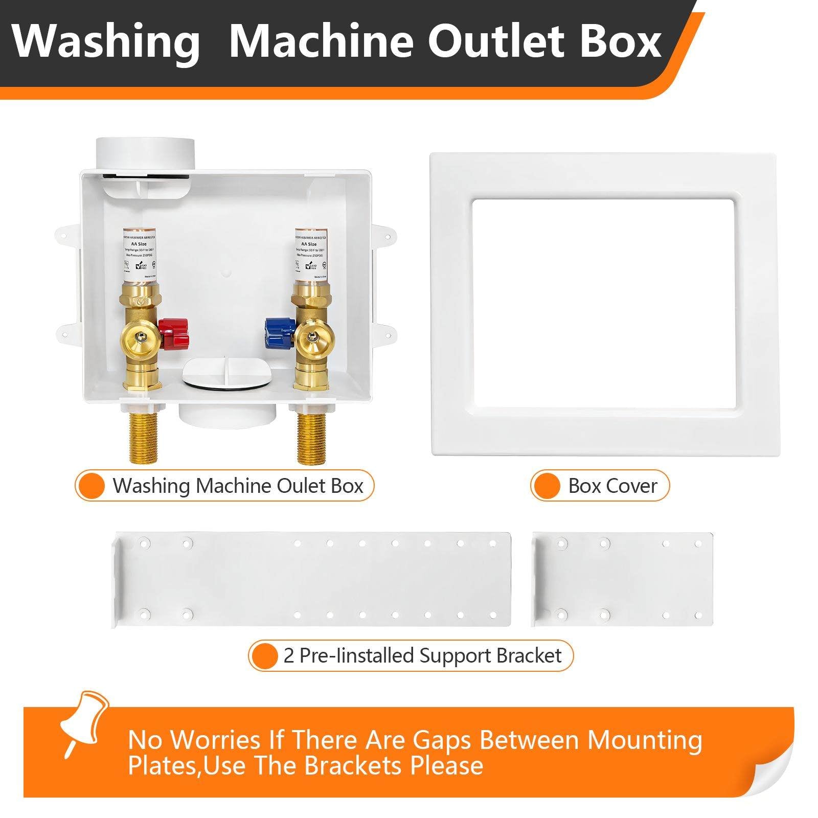 1/2" Sweat Inlet, Washing Machine Outlet Box, with Copper Water Hammer Arrestor