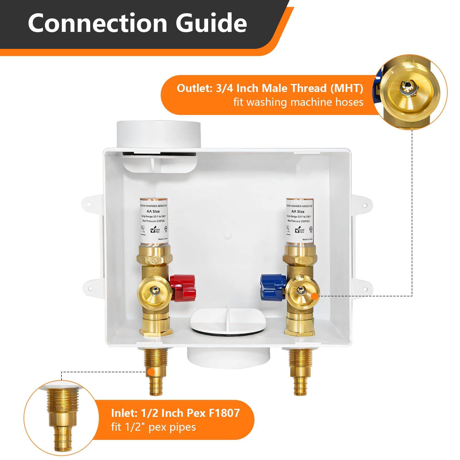 1/2" PEX Crimp (F1807) Inlet, Washing Machine Outlet Box, with Copper Water Hammer Arrestor