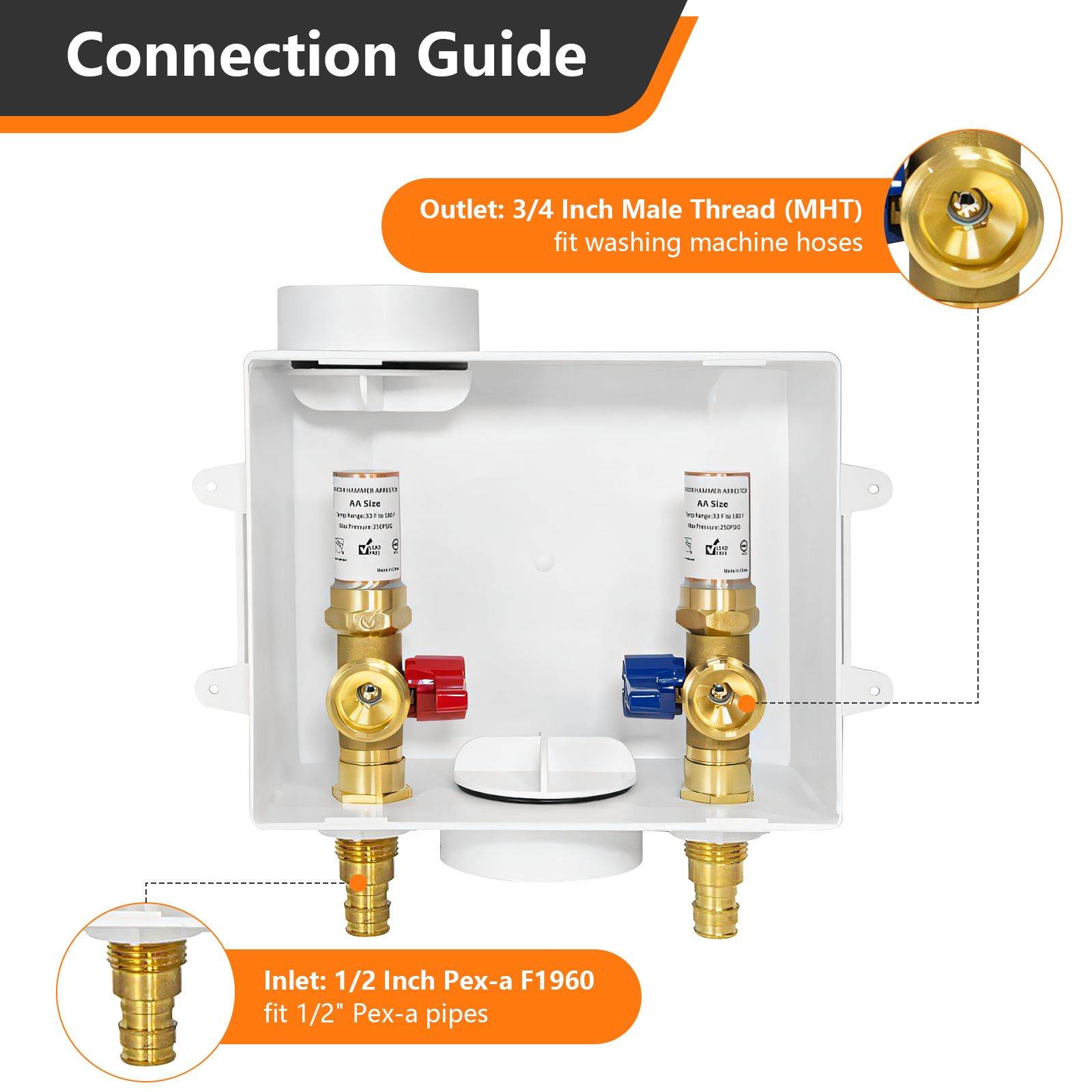 10 Pcs 1/2" PEX Expansion (F1960) Inlet, Washing Machine Outlet Box, with Copper Water Hammer Arrestor