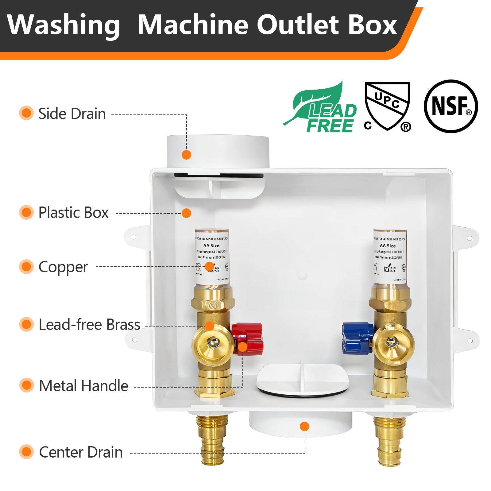1/2" PEX Expansion (F1960) Inlet, Washing Machine Outlet Box, with Copper Water Hammer Arrestor