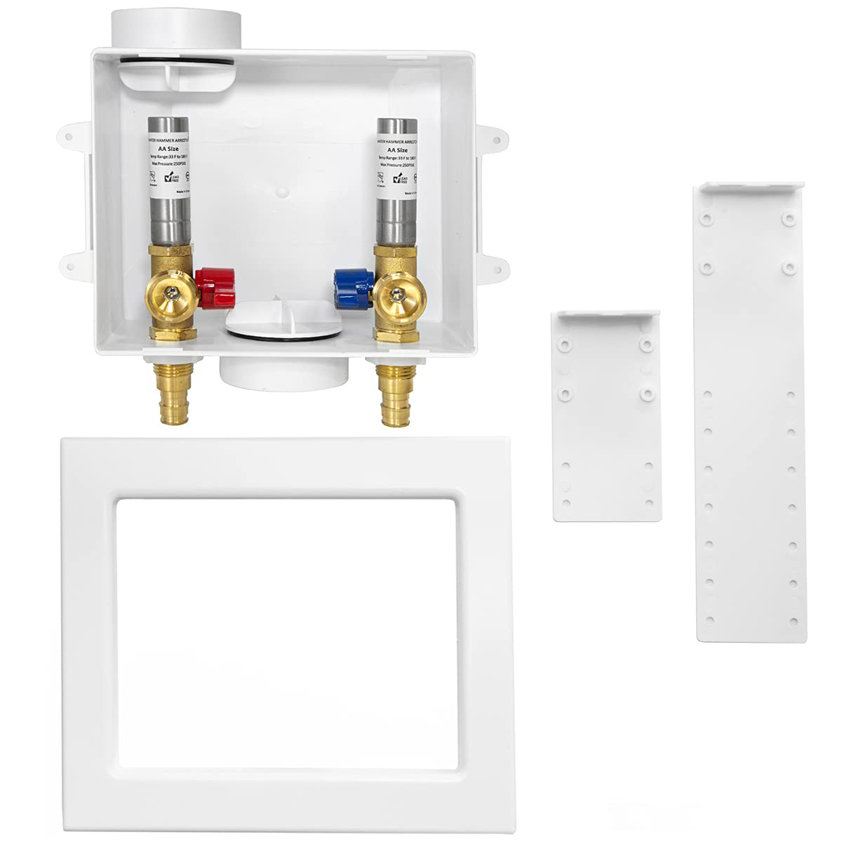 1/2" PEX Expansion (F1960) Inlet, Washing Machine Outlet Box, with Stainless Steel Water Hammer Arrestor