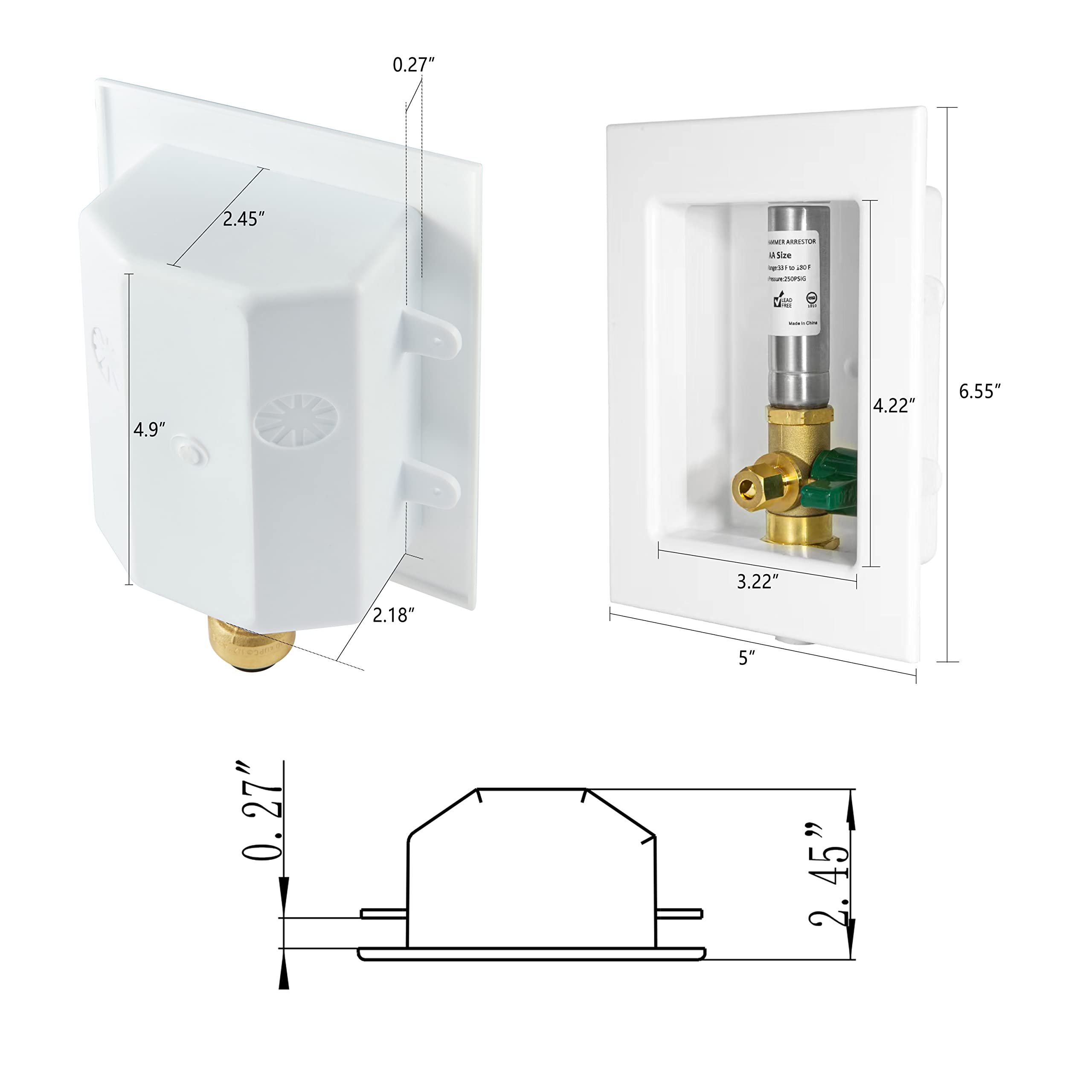 1/2" Sweat Inlet, Ice Maker Outlet Box, with Stainless Steel Hammer Arrestor