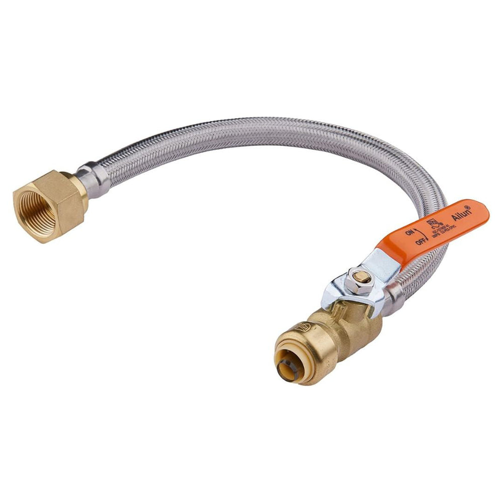 1/2" Push fit x 3/4" FIP, 12" Flexible Water Heater Connector Hose, with Ball Valve