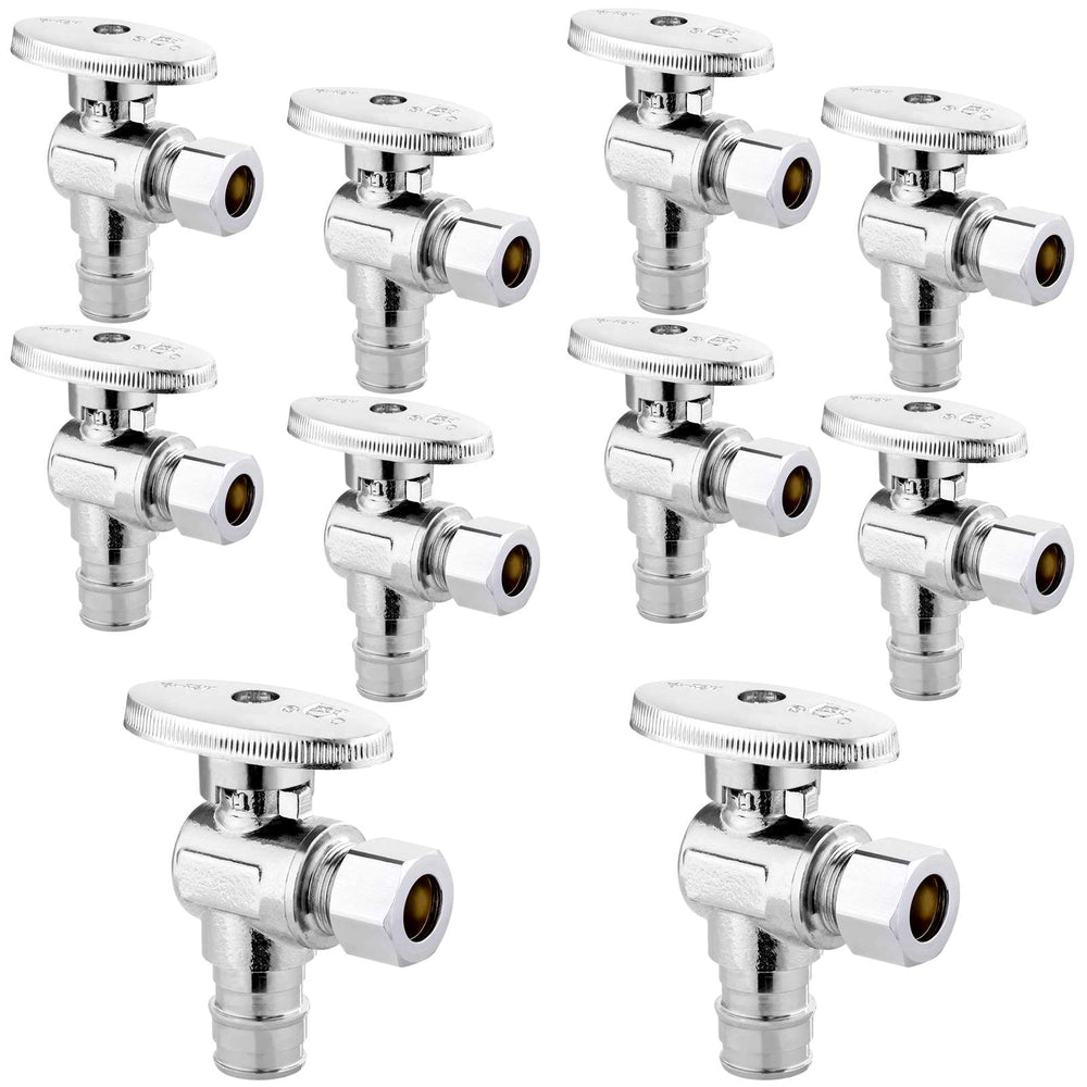 10 Pcs 1/2" PEX Expansion x 3/8" OD Compr. Angle Stop Valve, 1/4 Turn (Lead Free)