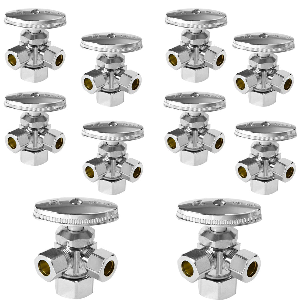 10 Pcs 5/8" OD Compr. x 3/8" OD Compr. x 3/8" OD Compr. Dual Angle Stop Valve, Multi Turn(Lead Free)
