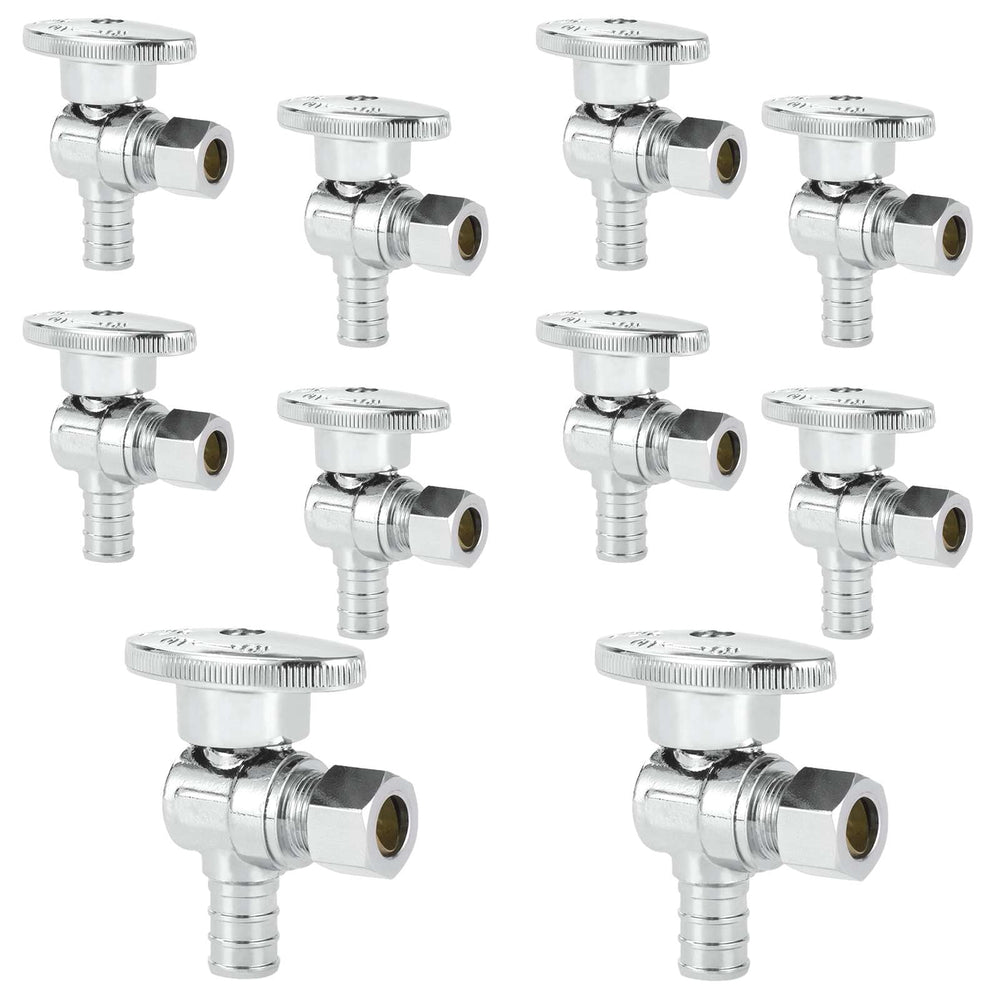 10 Pcs 1/2" PEX Crimp x 3/8" OD Compr. Angle Stop Valve, 1/4 Turn (Lead Free)
