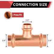 3/4" x 3/4" x 1/2" Copper Press Tee