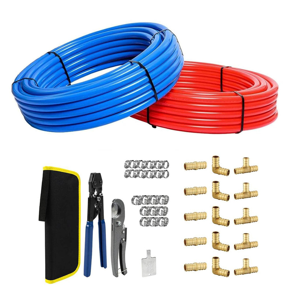 3/4" 2 x100ft, 200ft PEX-B Tubing (Blue & Red), PEX Fittings (15 PCS) Crimper & Clamps & Cutter Combo Kit