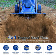 14-inch Tiller Cultivator with 10 Amp Motor, 4 Steel Tines, Foldable Design for Gardening. Electric Garden Rototiller with Adjustable Wheels.