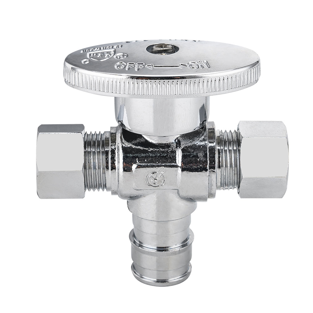 1/2" PEX Expansion x 3/8" OD Compr. x 3/8" OD Compr. Dual Outlet Angle Stop Valve, 1/4 Turn (Lead Free)