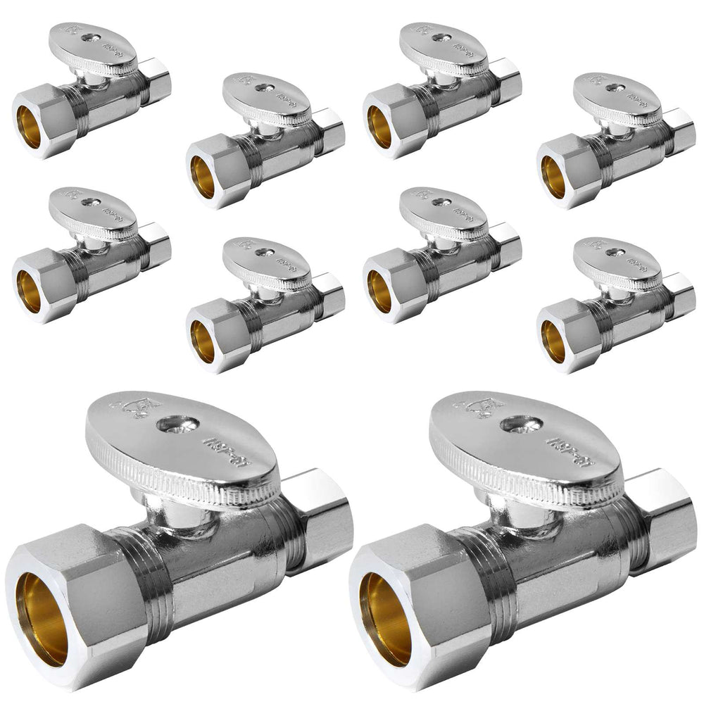 10 Pcs 1/2" Nominal (5/8" OD) Compr. x 3/8" OD Compr. Straight Stop Valve, 1/4 Turn (Lead Free)