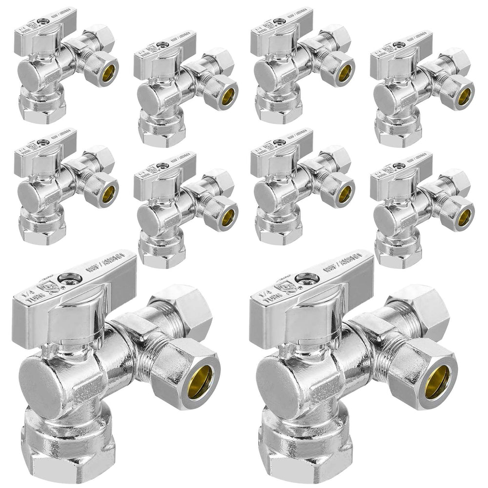 10 Pcs 1/2" FIP x 3/8" OD Compr. x 3/8" OD Compr. Split Angle Stop Valve, 1/4 Turn (Lead Free)