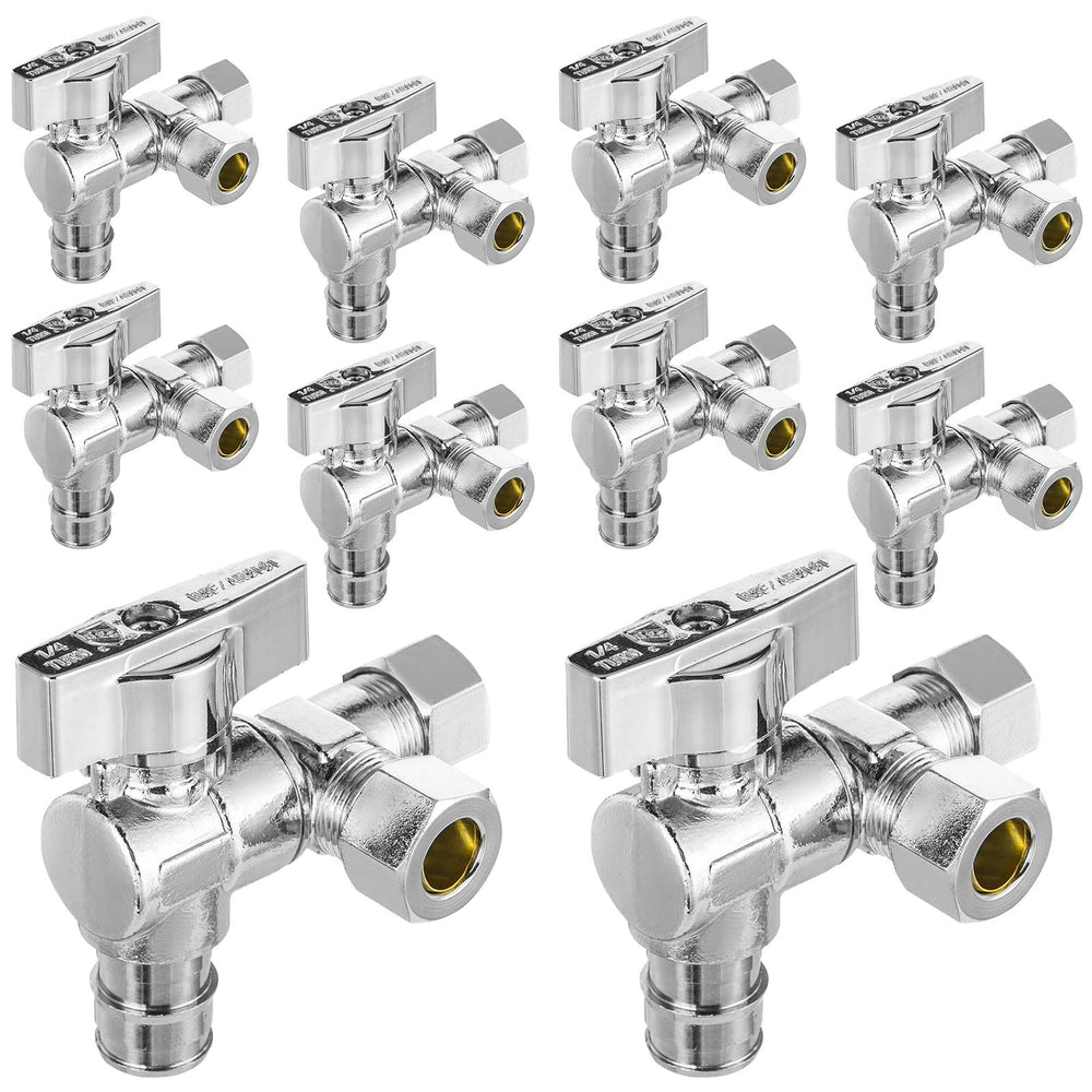 10 Pcs 1/2" Pex-a Expansion (F1960) Inlet x 3/8" OD Compr. x 3/8" OD Compr. Split, Angle Stop Valve, Quarter Turn (Lead Free)