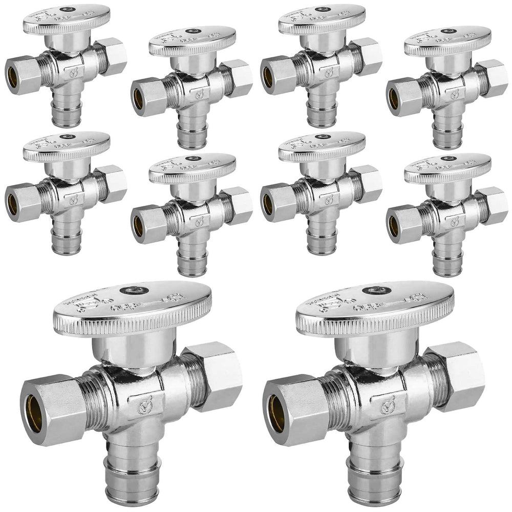 10 Pcs 1/2" PEX Expansion x 3/8" OD Compr. x 3/8" OD Compr. Dual Outlet Angle Stop Valve, 1/4 Turn (Lead Free)