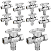 10 Pcs 1/2" PEX Expansion x 3/8" OD Compr. x 3/8" OD Compr. Dual Outlet Angle Stop Valve, 1/4 Turn (Lead Free)