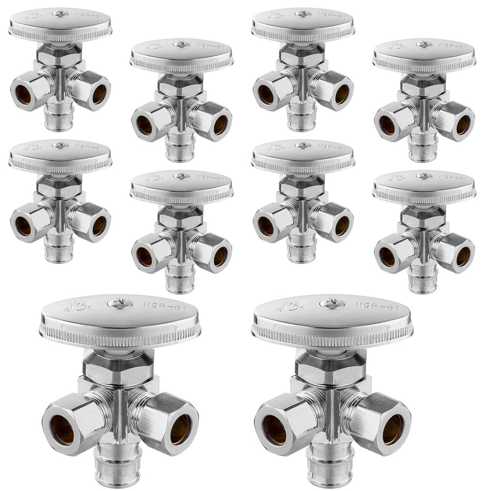 10 Pcs 1/2" Pex-a Expansion (F1960) Inlet x 3/8" ODx 3/8" OD Compr. Dual Angle Stop Valve, Multi Turn (Lead Free)