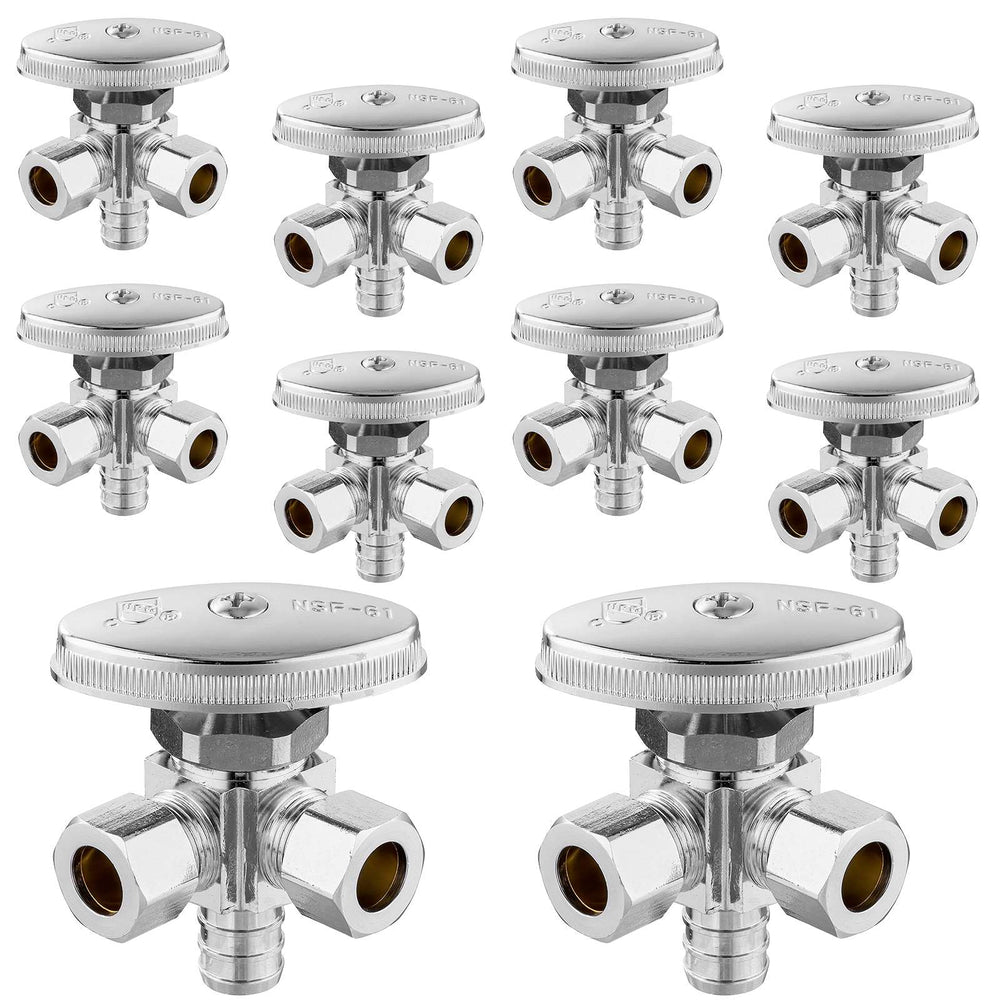 10 Pcs 1/2" PEX Crimp x 3/8" ODx 3/8" OD Compr. Dual Angle Stop Valve, Multi Turn (Lead Free)