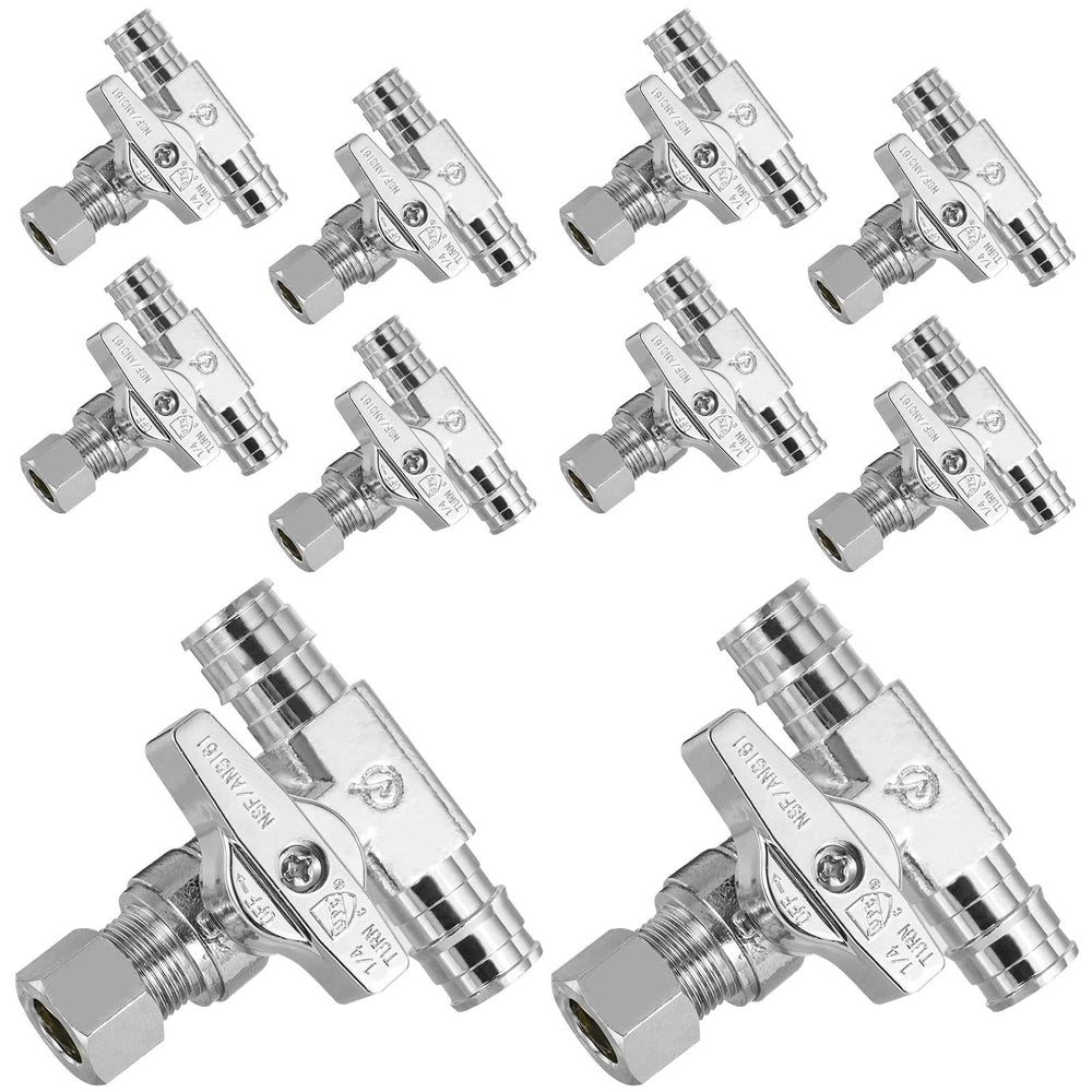 10 Pcs 1/2" PEX Expansion x 1/2" PEX Expansion x 3/8" OD Compr. Tee Stop Valve, 1/4 Turn (Lead Free)