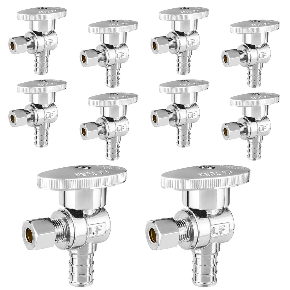 10 Pcs 1/2" PEX Crimp x 1/4" OD Compr. Angle Stop Valve, 1/4 Turn (Lead Free)