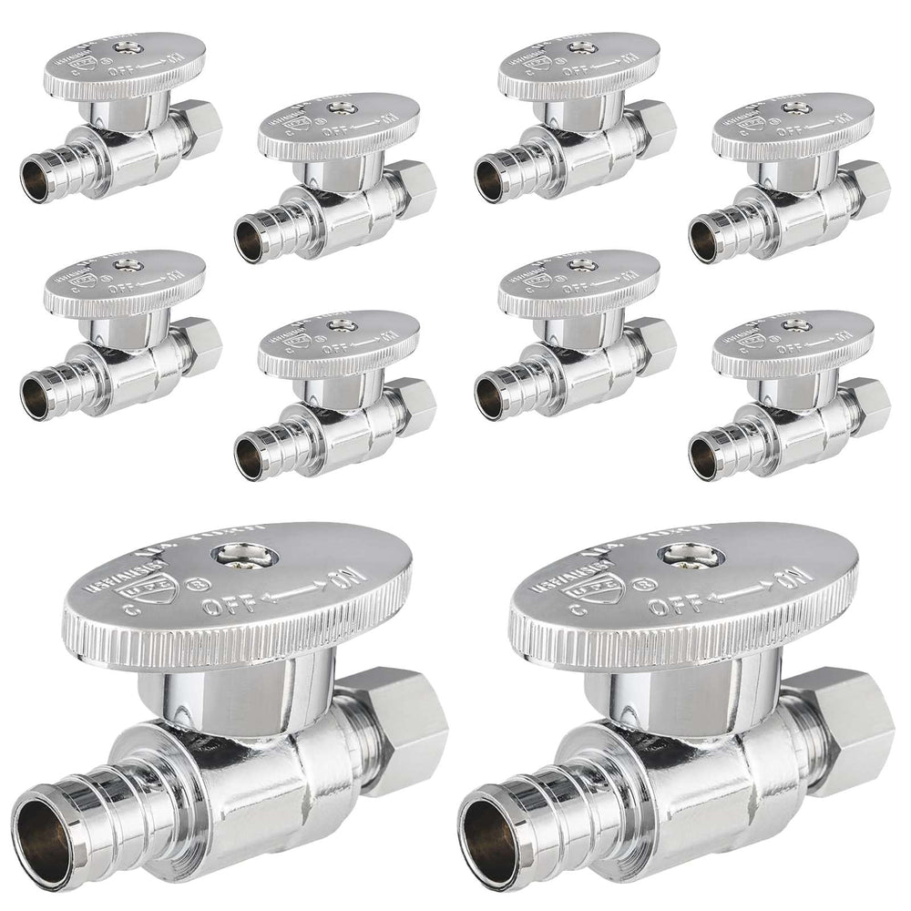 10 Pcs 1/2" PEX Crimp x 3/8" OD Compr. Straight Stop Valve, 1/4 Turn (Lead Free)