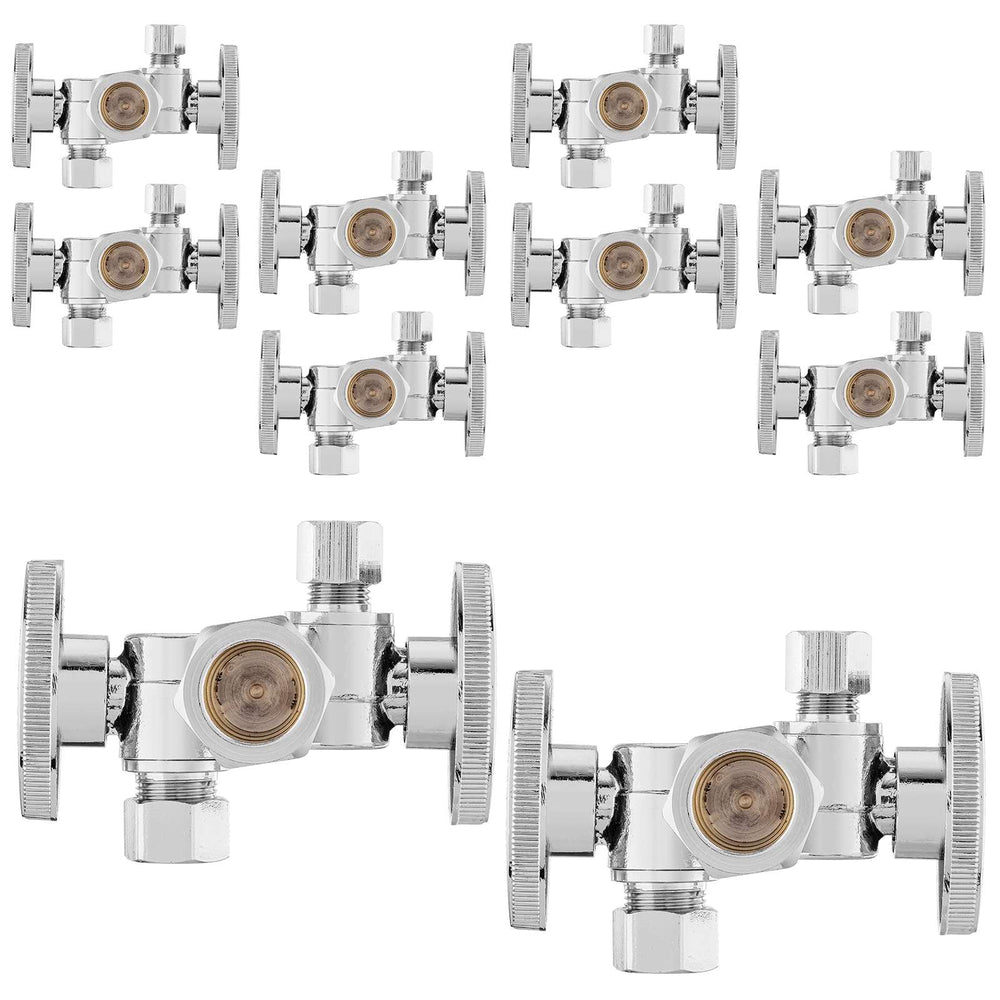 10 Pcs 5/8" ODx 3/8" OD Compr. x 1/4" OD Compr. Dual Stop Valve, 1/4 Turn (Lead Free)