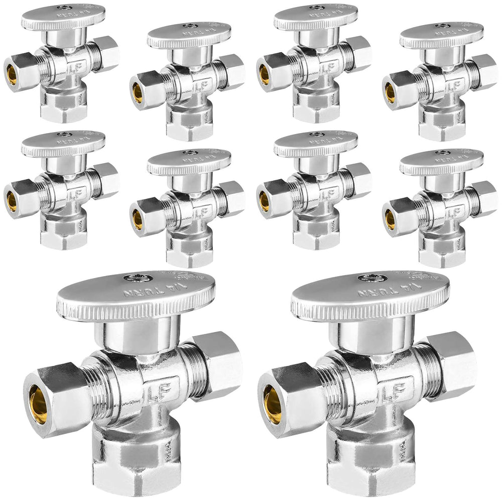 10 Pcs 1/2" FIP x 3/8" OD Compr. x 3/8" OD Compr. Dual Angle Stop Valve, 1/4 Turn (Lead Free)