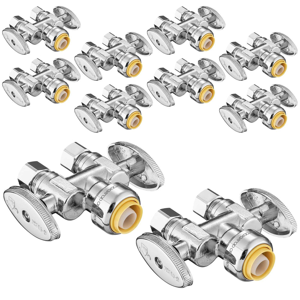 10 Pcs 1/2" Push Connect x Dual 3/8" OD Compr. Compr. Straight Stop Valve, 1/4 Turn (Lead Free)