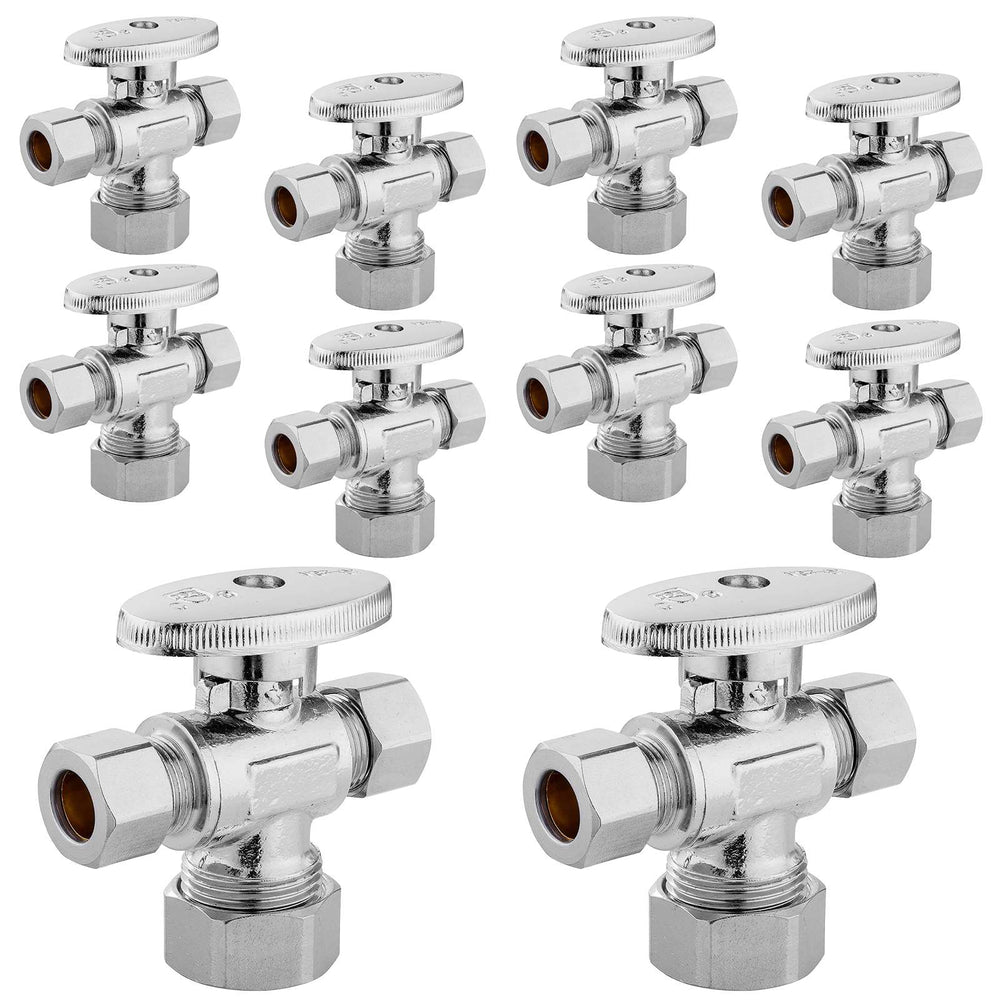 10 Pcs 5/8" OD Compr. x 3/8" OD Compr. x 3/8" OD Compr. Dual Outlet Angle Stop Valve, 1/4 Turn (Lead Free)