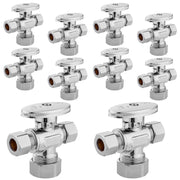 10 Pcs 5/8" OD Compr. x 3/8" OD Compr. x 3/8" OD Compr. Dual Outlet Angle Stop Valve, 1/4 Turn (Lead Free)