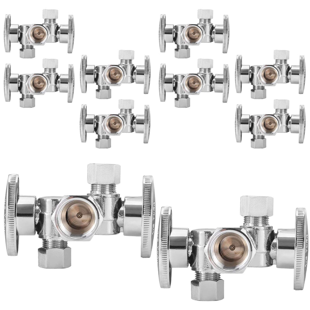 10 Pcs 1/2" FIP x 3/8" OD Compr. x 3/8" OD Compr. Dual Stop Valve, 1/4 Turn (Lead Free)