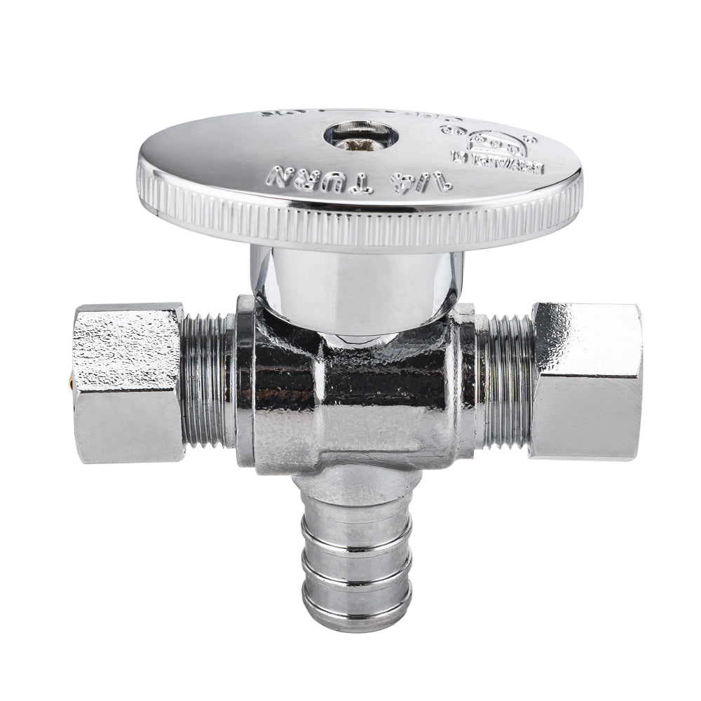 1/2" PEX Crimp x 3/8" OD Compr. x 3/8" OD Compr. Dual Outlet Angle Stop Valve, 1/4 Turn (Lead Free)