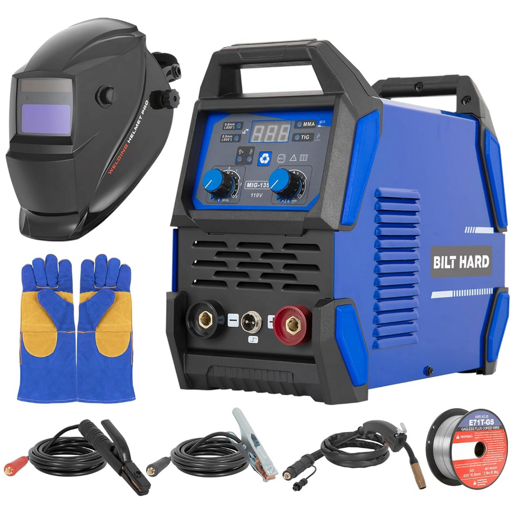 BILT HARD 110V MIG Welder, 135A Flux Core MIG/Lift TIG/Stick 3-in-1 Welding Machine with Auto Darkening Welding Helmet, Gloves, Welding Gun and 2lb Welding Wire, IGBT Inverter Welding Equipment Set