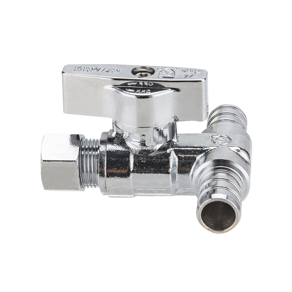 1/2" PEX Crimp x 1/2" PEX Crimp x 3/8" OD Compr. Tee Stop Valve, 1/4 Turn (Lead Free)