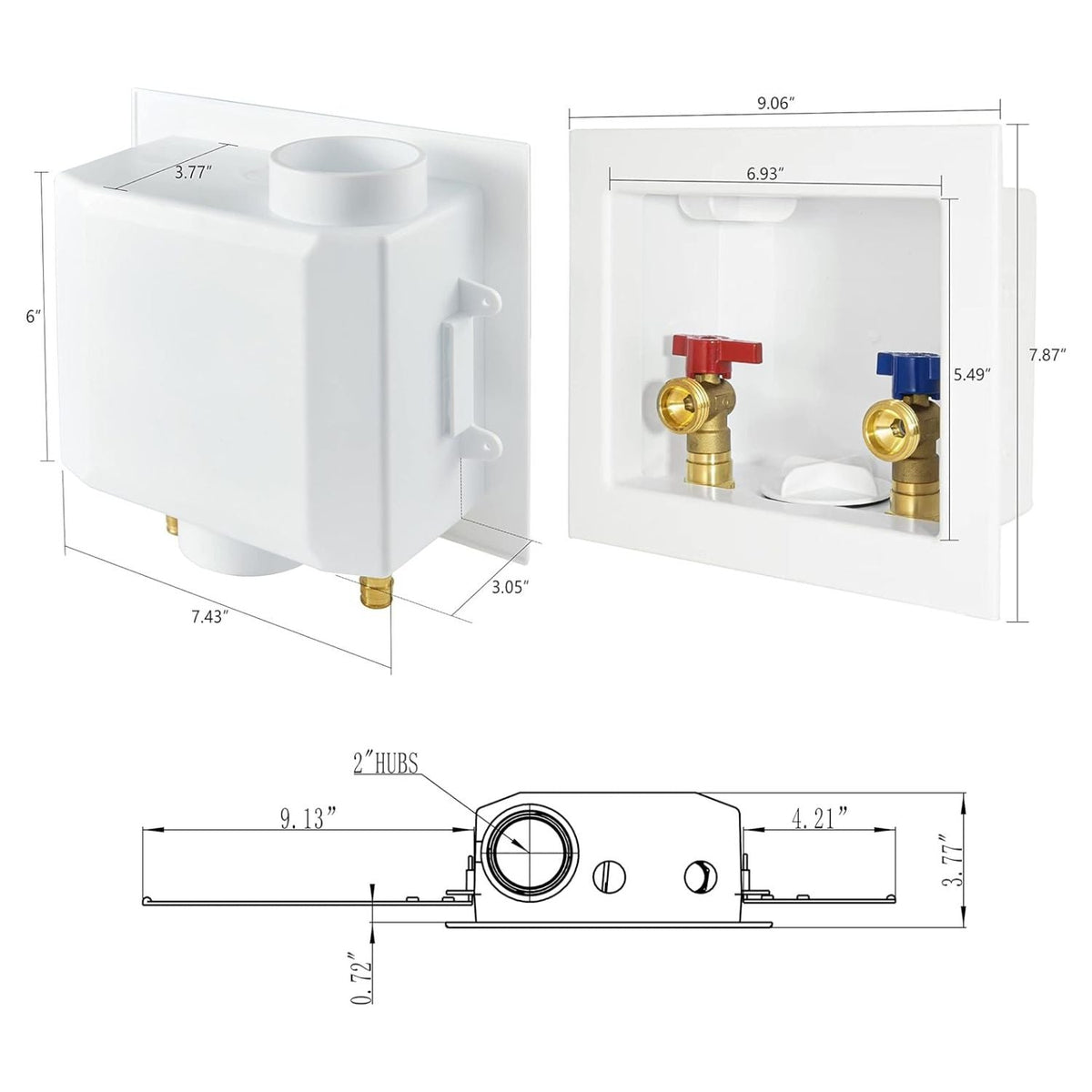 1/2" PEX Crimp (F1807) Inlet, Washing Machine Outlet Box, with Center Drain