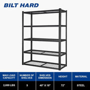 2000LBS Heavy Duty Garage Shelving, 40" W x 18" D x 72" H, Adjustable 5-Tier Storage Shelves, Industrial Metal Shelving Units, Steel Organizer Wire Rack, Black