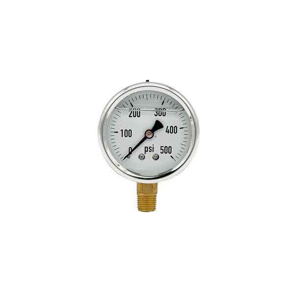200L-254-0-500N | 2.5", 0-500 PSI, Stainless Steel x Brass, 1/4", Lower Mount Pressure Gauge