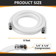 6ft Fridge Ice Maker Water Connector Line, Polyester Reinforced PVC, 1/4" Comp by 1/4" Comp Connection, White