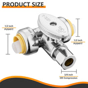 1/2" Push Connect x 1/2" Push Connect x 3/8" OD Compr. Tee Stop Valve, 1/4 Turn (Lead Free)