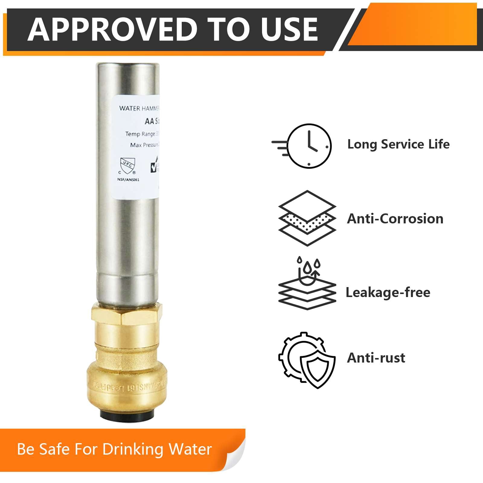 1/2" Push Fit, Straight Water Hammer Arrestor, Stainless Steel