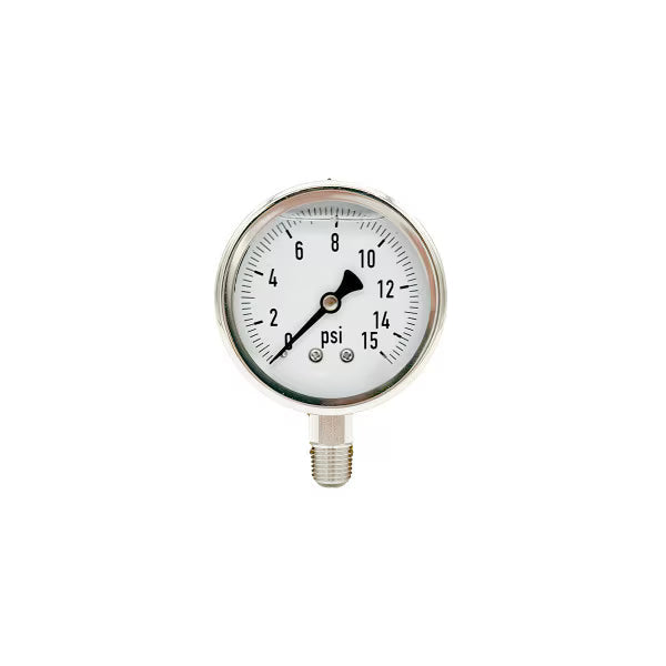300L-254-0-15N | 2.5", 0-15 PSI, Stainless Steel x Stainless Steel, 1/4", Lower Mount Pressure Gauge