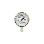 300L-254-0-3000N | 2.5", 0-3000 PSI, Stainless Steel x Stainless Steel, 1/4", Lower Mount Pressure Gauge