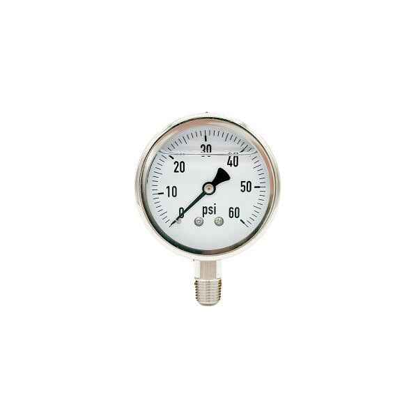 300L-254-0-60N | 2.5", 0-60 PSI, Stainless Steel x Stainless Steel, 1/4", Lower Mount Pressure Gauge