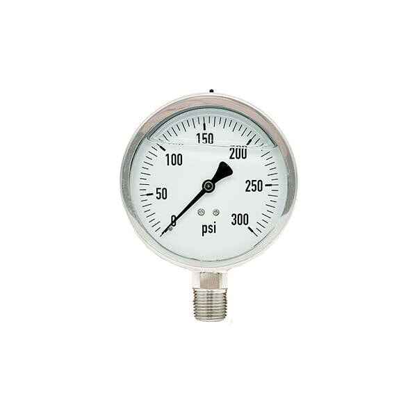 300L-402-0-300N | 4", 0-300 PSI, Stainless Steel x Stainless Steel, 1/2" Lower Mount Pressure Gauge