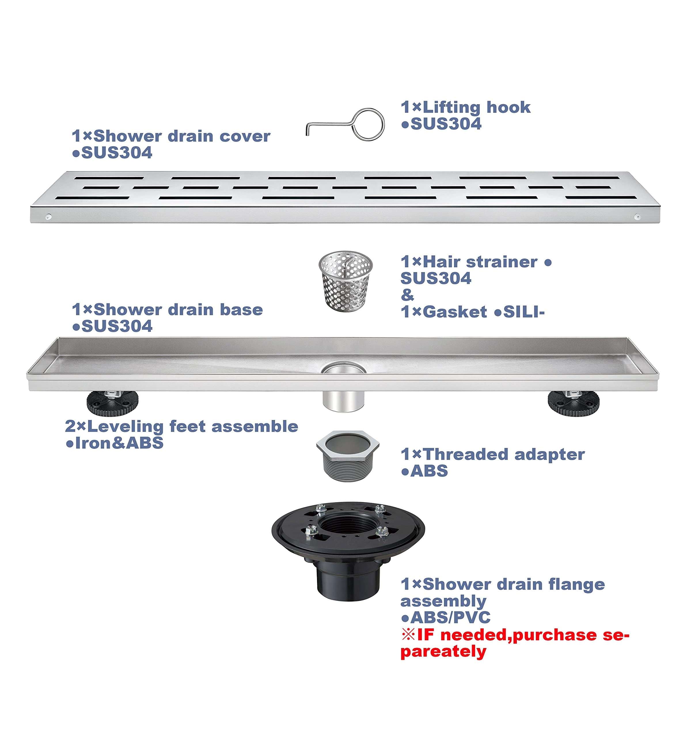 Linear Shower Drain 32" with Removable Grate, Matte Black Polished 304 Stainless Steel Shower Drain, Shower Drain, Floor Shower Drain with Hair Strainer, Adjustable Levelingft