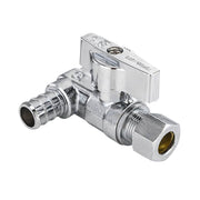 1/2" PEX Crimp x 1/2" PEX Crimp x 3/8" OD Compr. Tee Stop Valve, 1/4 Turn (Lead Free)